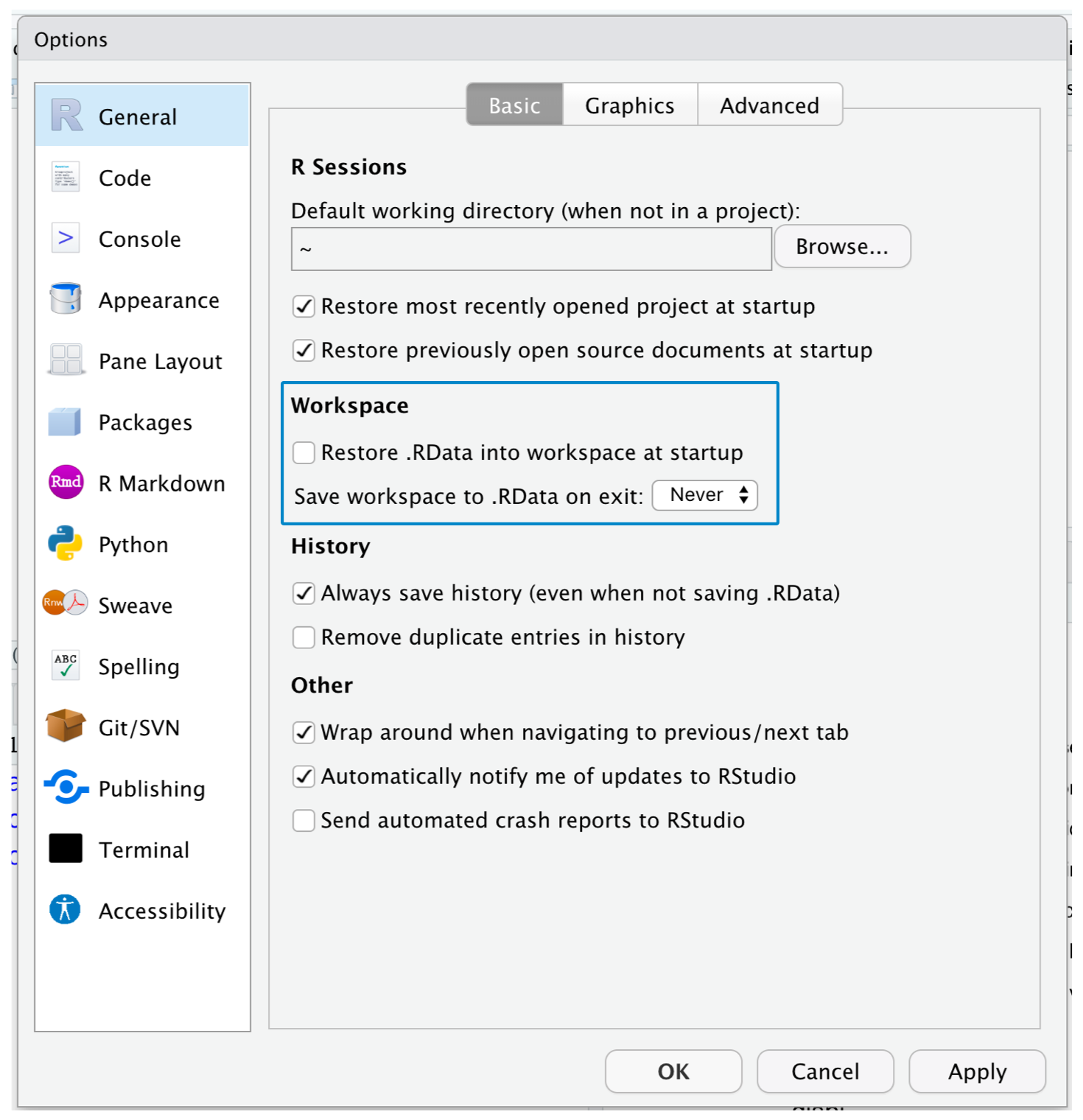 RStudio Global Options window where the option Restore .RData into workspace at startup is not checked. Also, the option Save workspace to .RData on exit is set to Never.